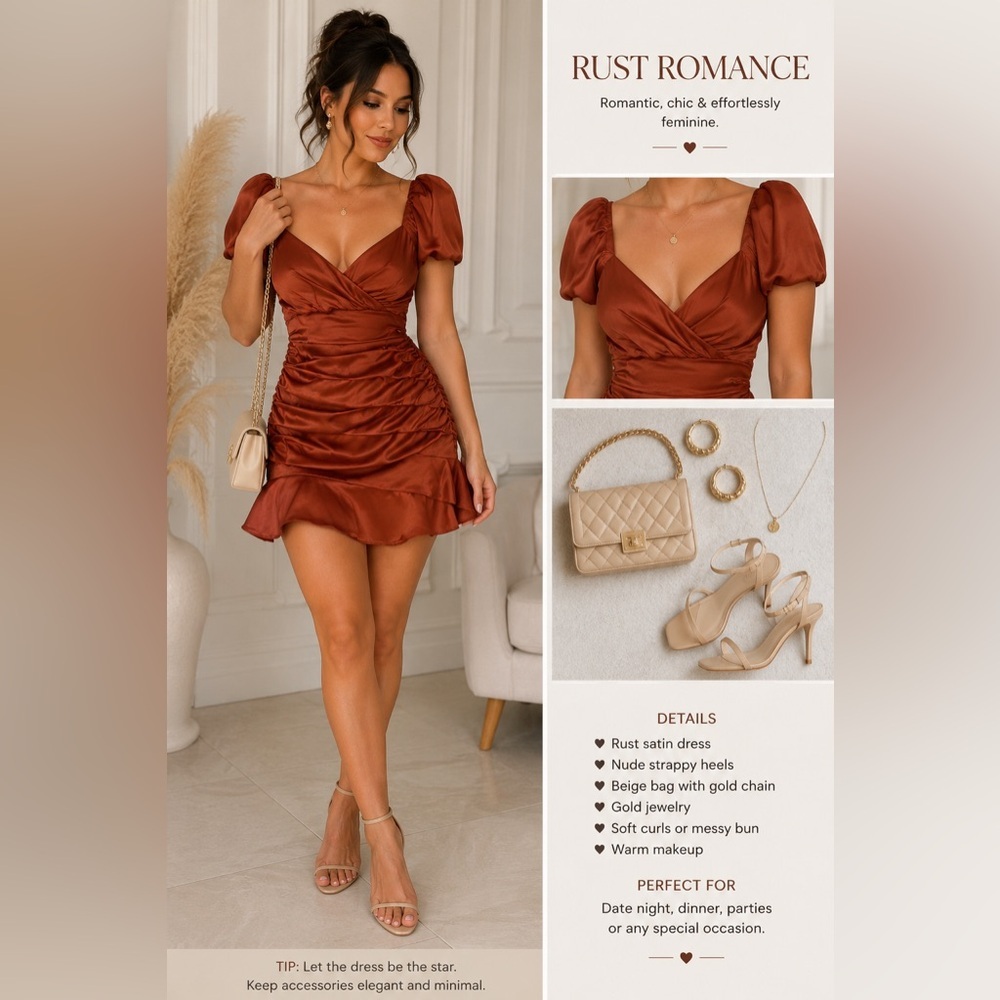 Express Rust Satin Puff-Sleeve Ruched Mini Dress